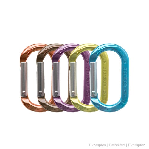 Mousqueton Mini-O en cinq couleurs différentes (orange, marron, violet, jaune, bleu) avec ressorts de verrouillage argentés, fabricant non visible