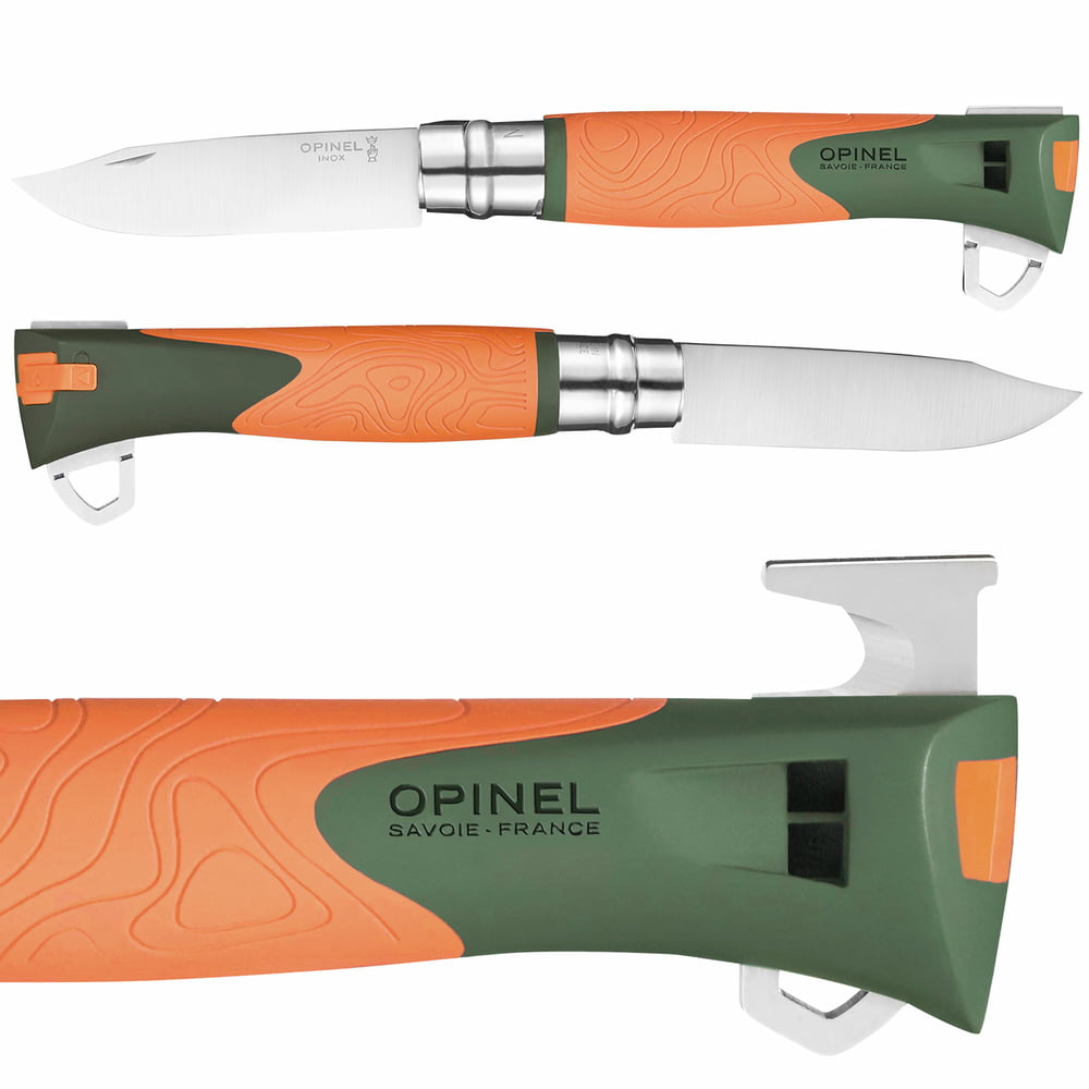 Deux couteaux Opinel N°12 Explore côte à côte, lames en acier inoxydable, manches orange et vert avec motif, fabricant Opinel