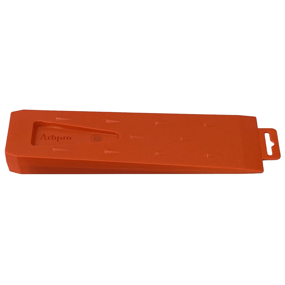 Cale d’abattage ArbPro 300 en orange, posée à plat avec l’inscription « Arbpro » en relief et une sangle de suspension à l’extrémité