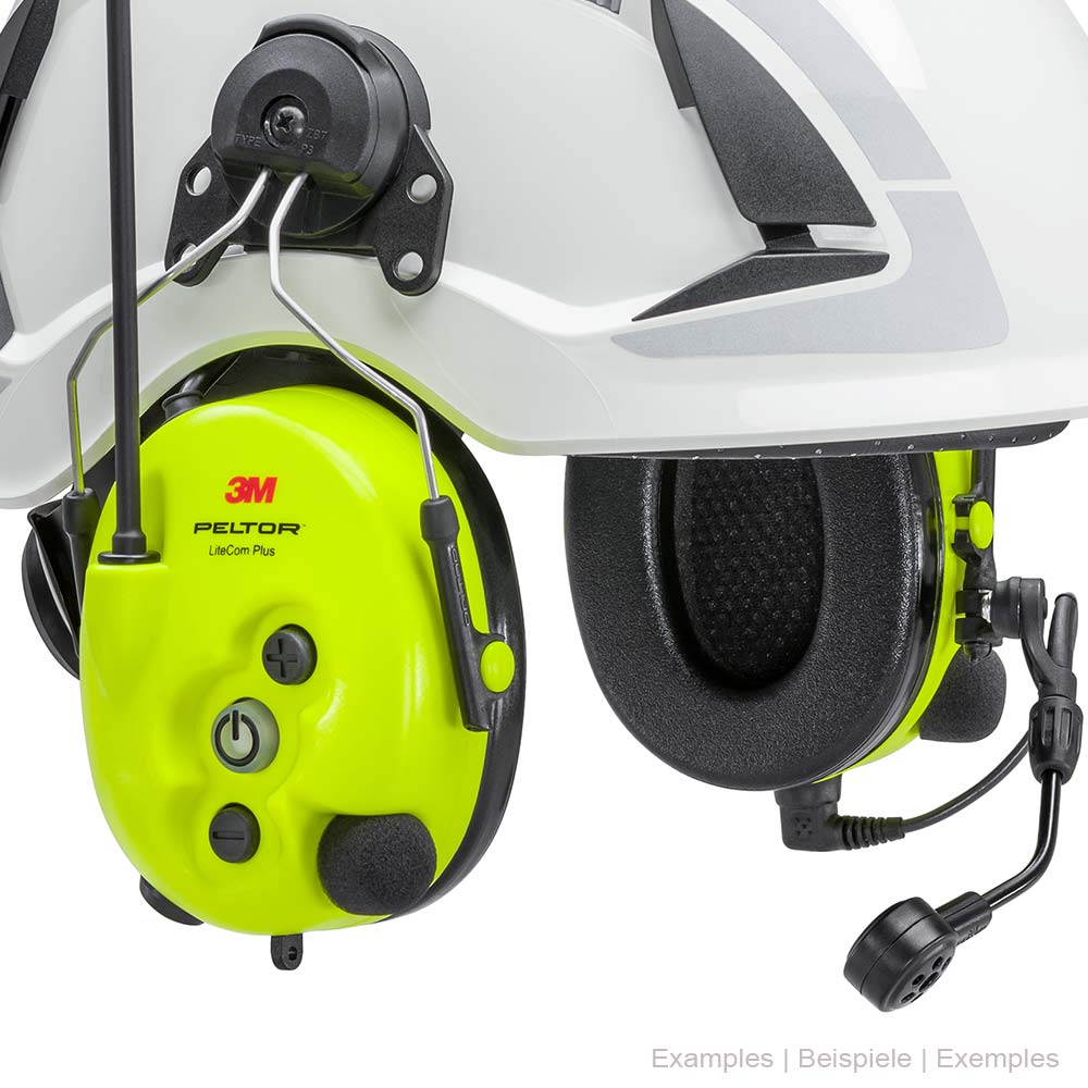 Protection auditive jaune 3M Peltor Lite Com Plus avec microphone et antenne, fixée au casque blanc, gros plan