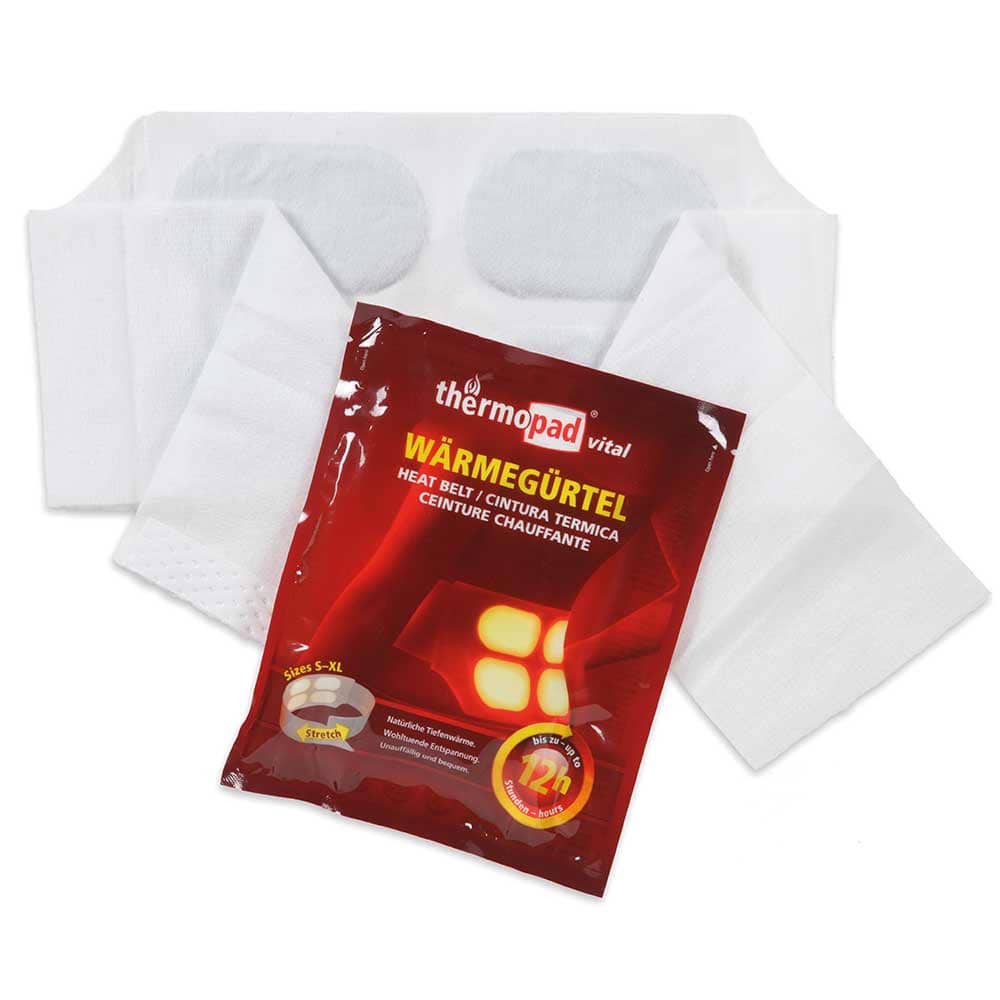 Ceinture chauffante Thermopad en blanc avec emballage rouge indiquant le nom et les caractéristiques du produit
