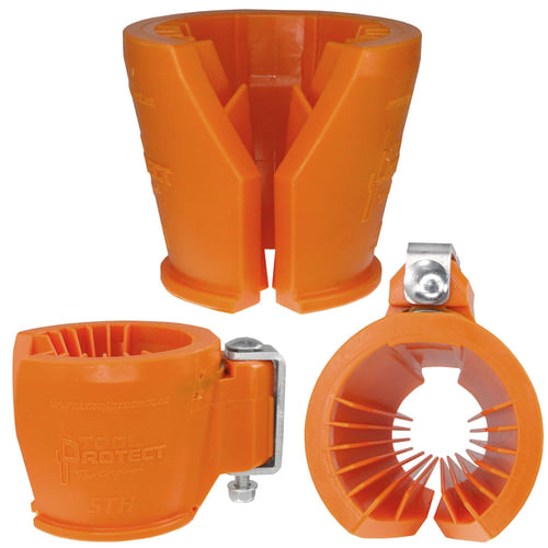 Tournevis et porte-tige en plastique orange avec clip métallique, trois vues différentes, fabricant Tool Protect