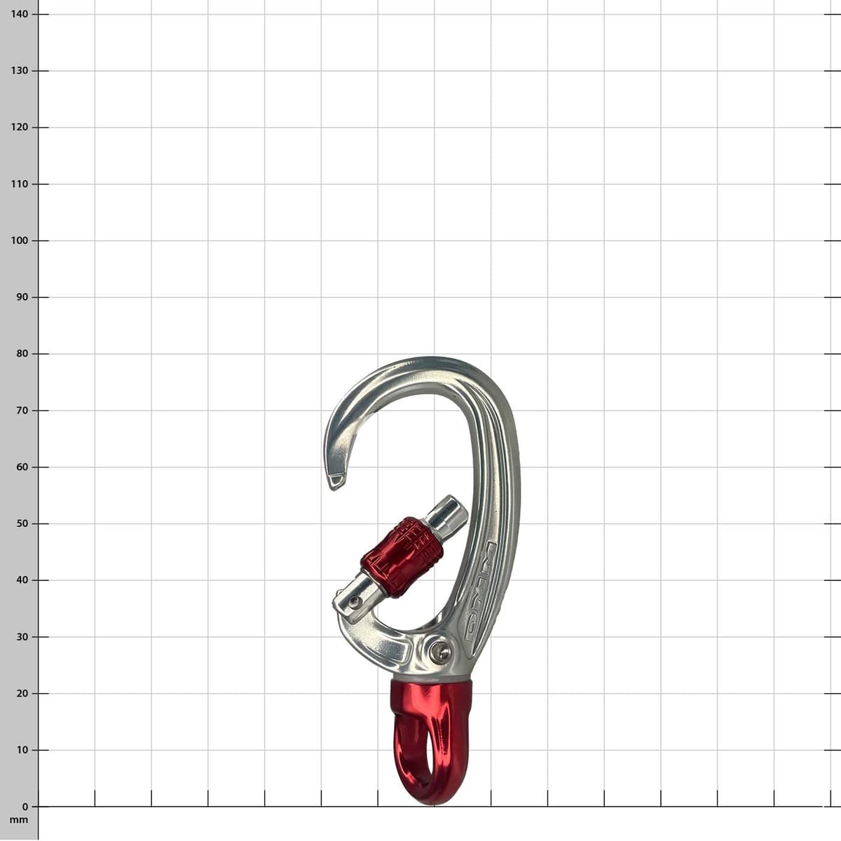 XSRE Swivel Lock mousqueton en argent avec verrou tournant rouge et émerillon rouge ouvert, sur un fond à carreaux