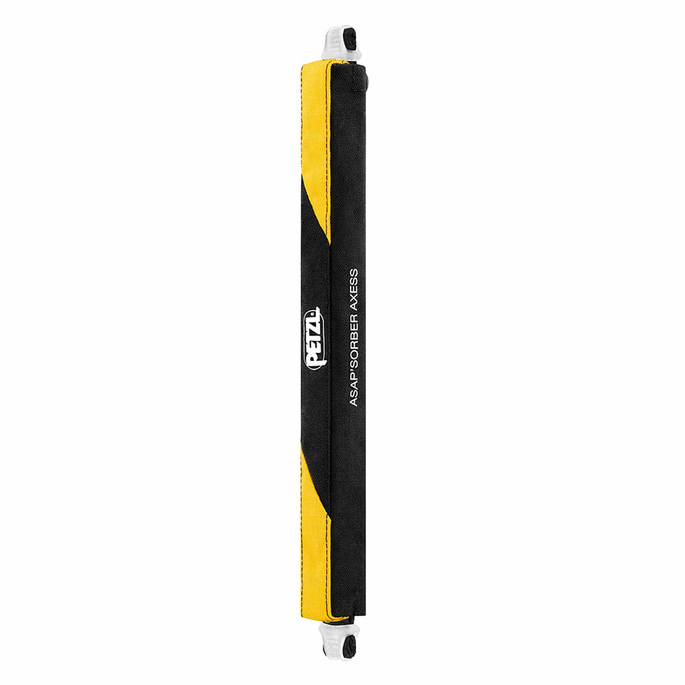 ASAP Sorber Axess de Petzl, un gant de gant noir et jaune avec embouts et imprimé blancs
