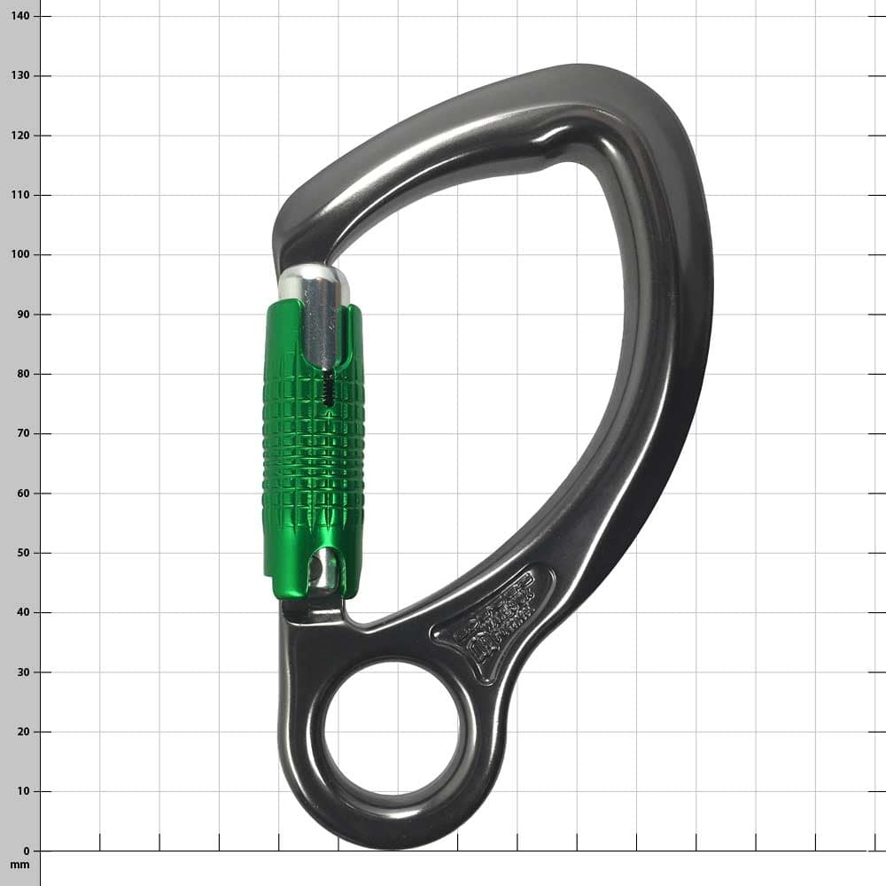 Mousqueton Captive Eye avec bouchon à vis vert et trou rond en bas, sur fond à carreaux