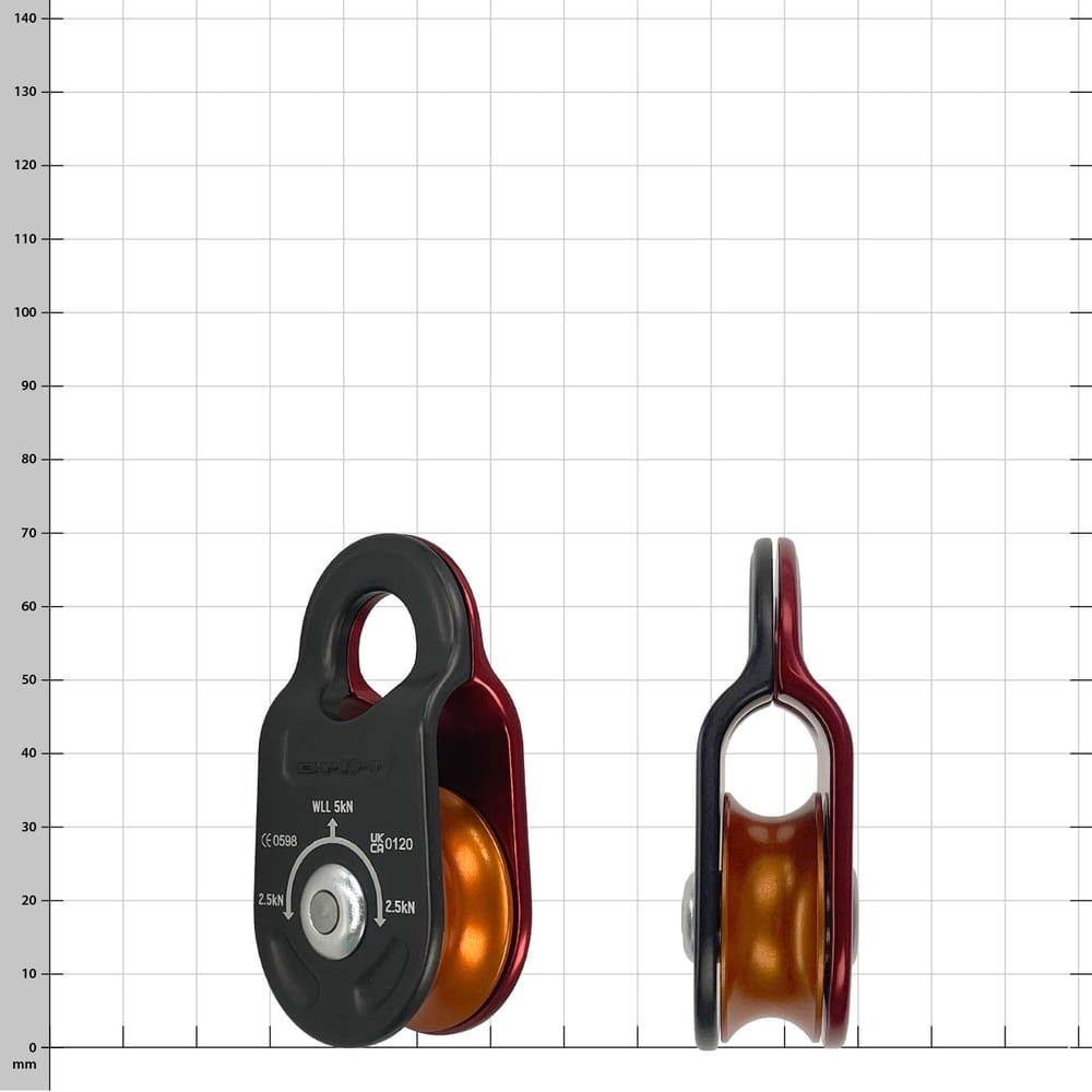 Poulie de propulsion avec boîtier rouge et noir et rouleau orange, nom du fabricant non visible, vue de face et latérale