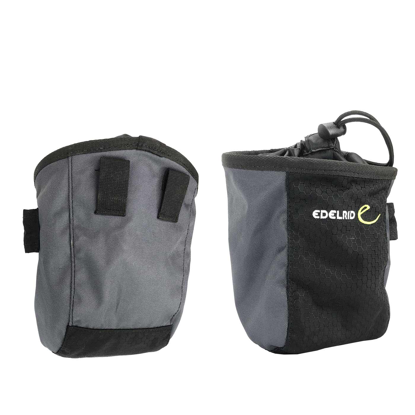 Deux sacs de rangement de l’Edelrid Minilift, l’un à l’avant avec cordon de serrage et logo Edelrid, l’autre à l’arrière avec deux boucles
