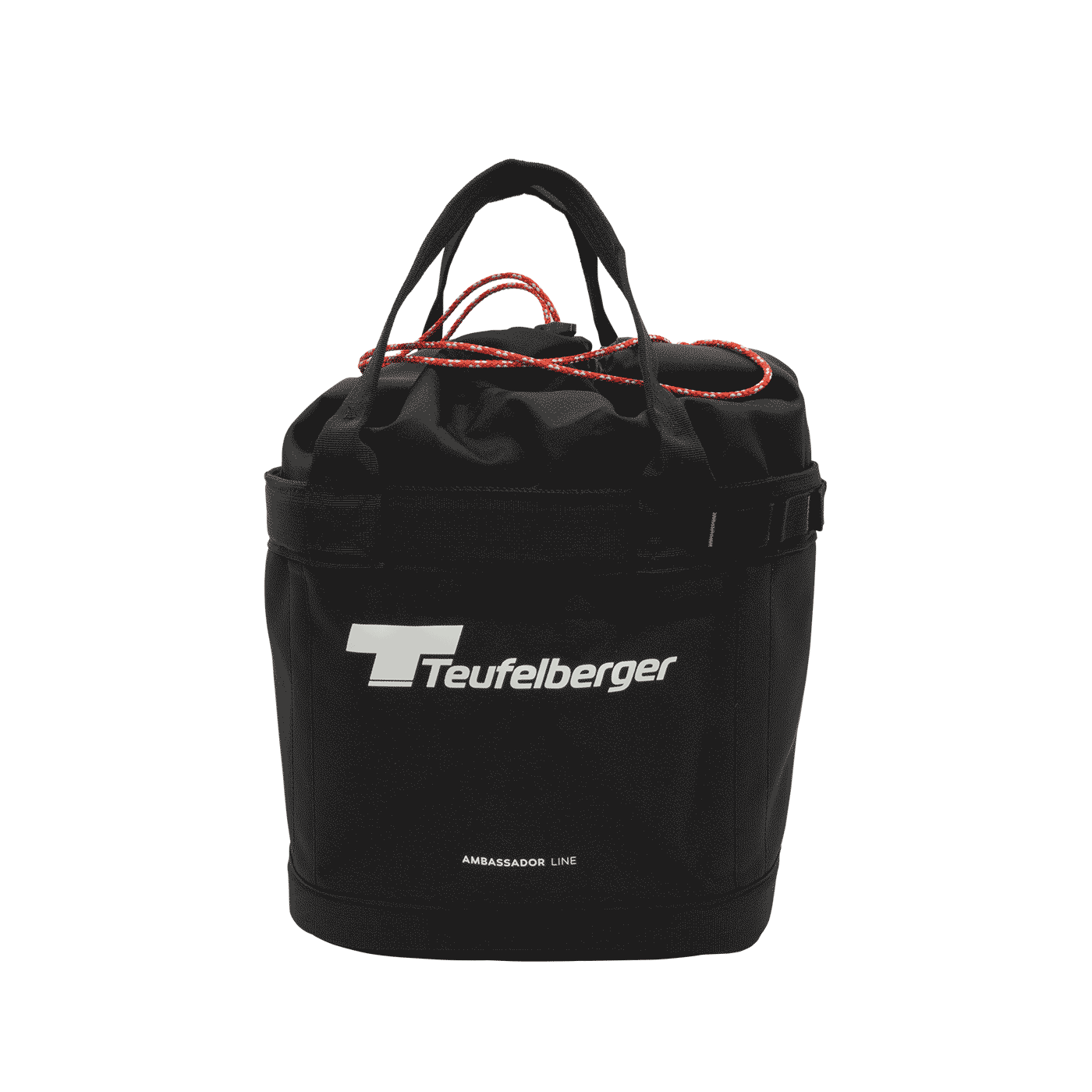 Bucket Mule de Teufelberger, sac rond noir avec deux poignées noires et fermeture à cordon rouge, devant avec logo Teufelberger blanc et inscription « AMBASSADOR LINE »