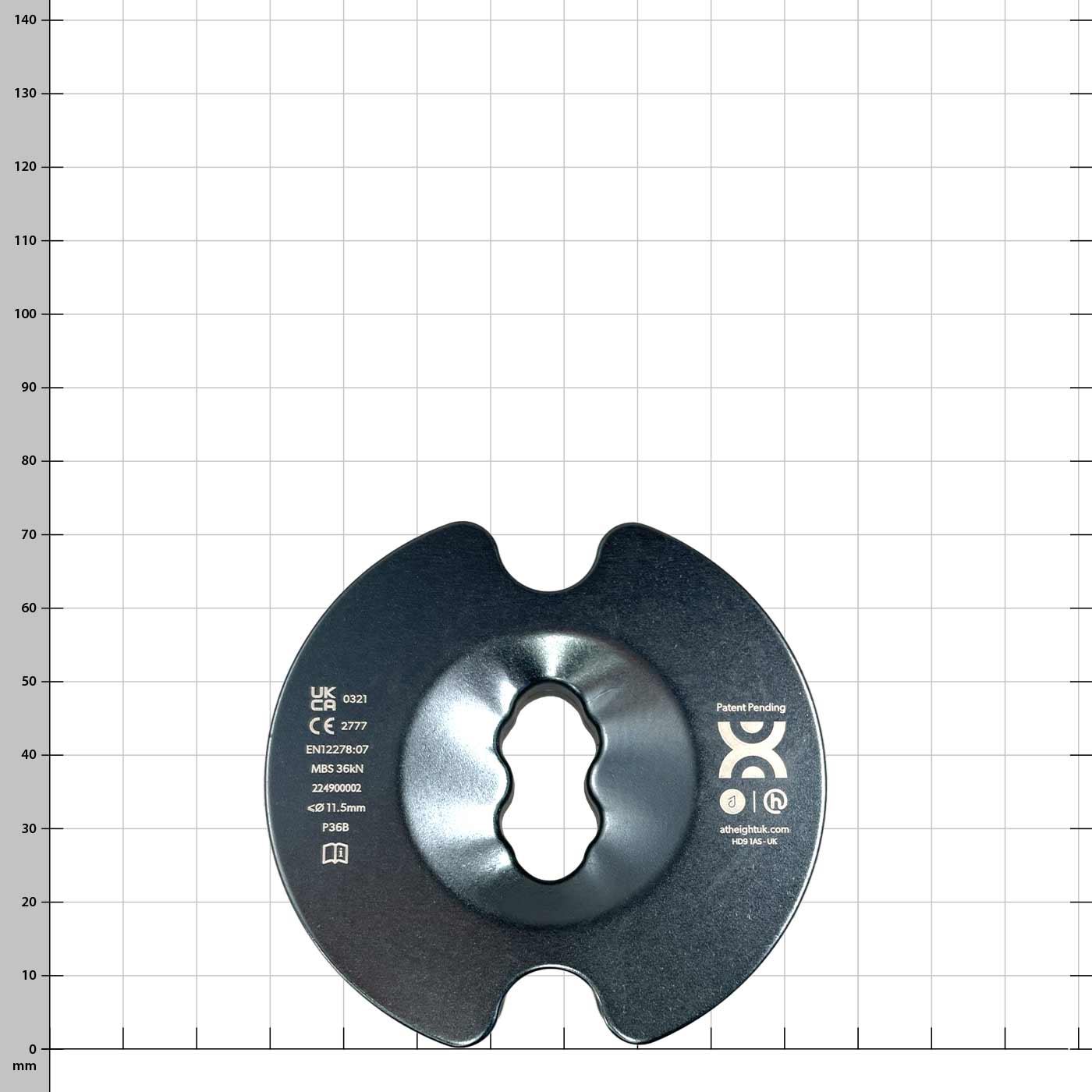 Disque noir PulleyOne Pro avec impression et évidement central sur fond blanc avec grille