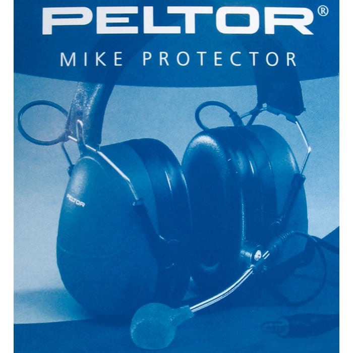 Protecteur de microphone Peltor Lite Com, casque noir avec microphone et protecteur de microphone en mousse sur fond bleu