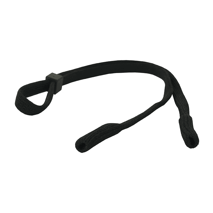 Sangle de lunettes noire, non spécifiée par le fabricant, en tissu avec extrémité en caoutchouc réglable