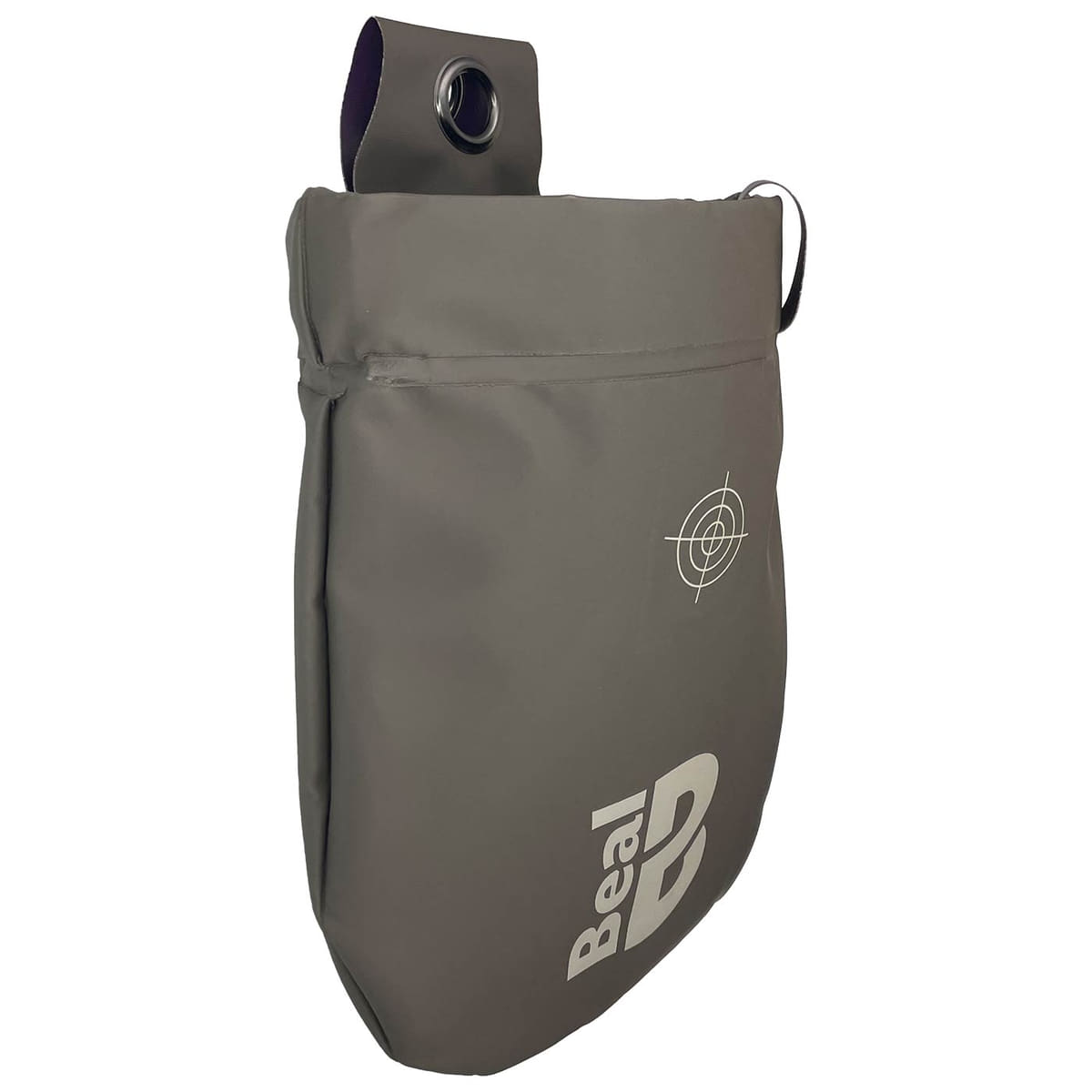 Sac Beal Genius 2 gris avec sangle de fermeture violette et logo blanc à l’arrière, avec motif cible