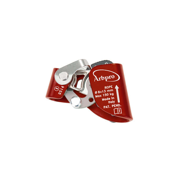 Quickstep Tree R, aire de jeux rouge avec pièces métalliques et inscription blanche « Arbpro » et caractéristiques techniques