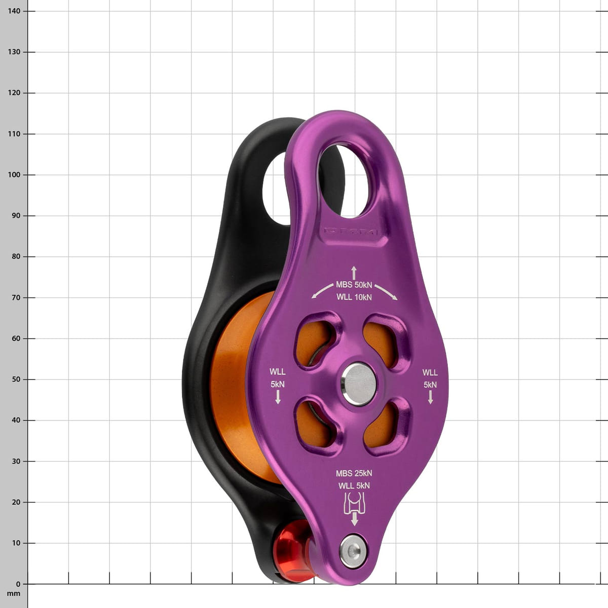 Pinto RIG 2 poulie avec boîtier en aluminium violet, rouleau orange et cadre noir