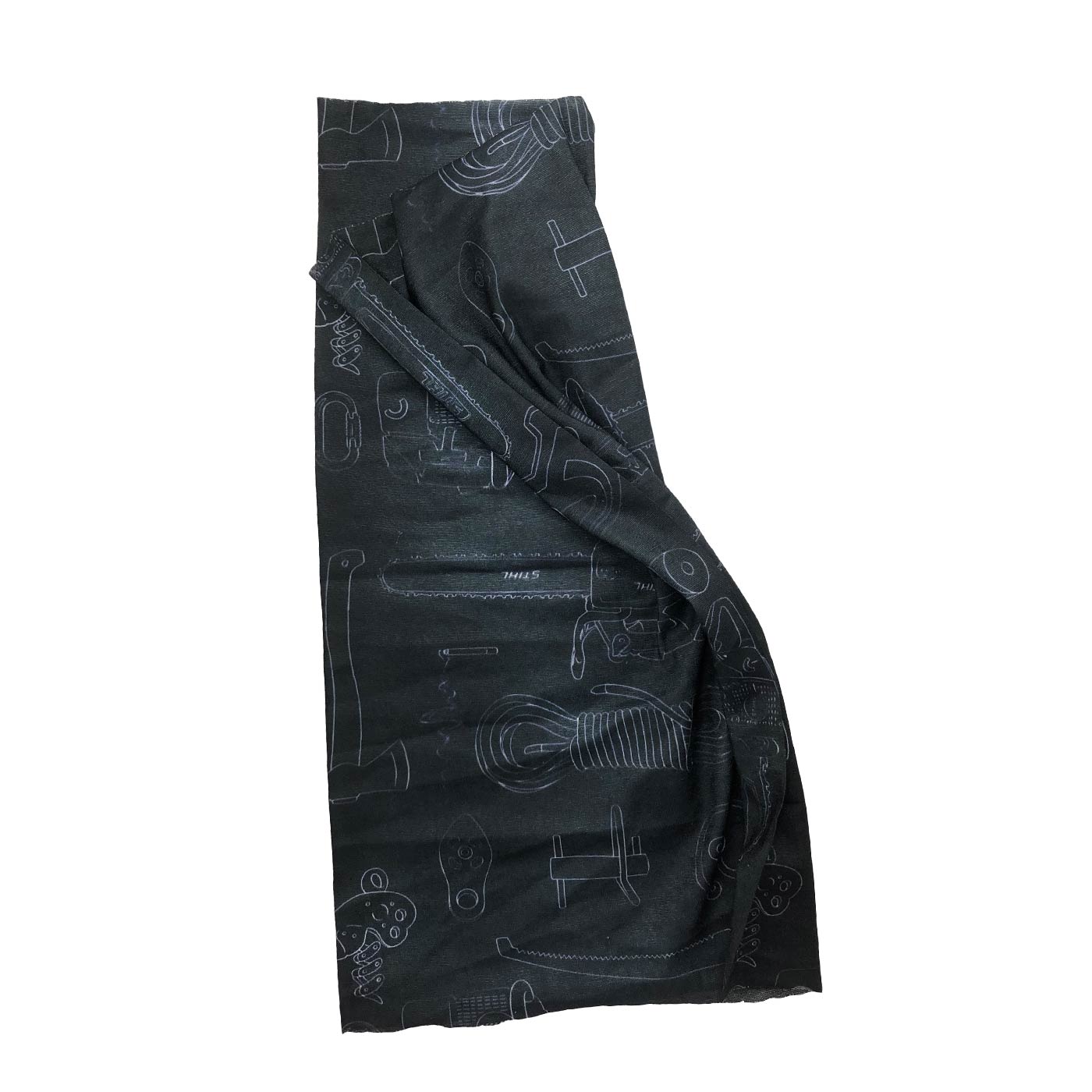 Tissu noir avec les contours blancs d’outils et d’une tronçonneuse, nom du produit Ustensiles