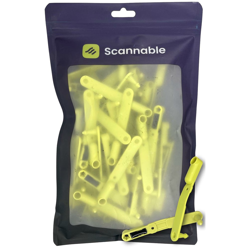 Loops NFC Tag de Scannable dans un emballage transparent et violet avec de nombreuses boucles jaunes à l’intérieur et deux boucles à l’extérieur
