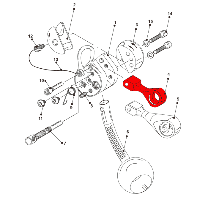 Dessin technique avec plusieurs composants, dont l’un est marqué en rouge, dont le support de mousqueton LockJack