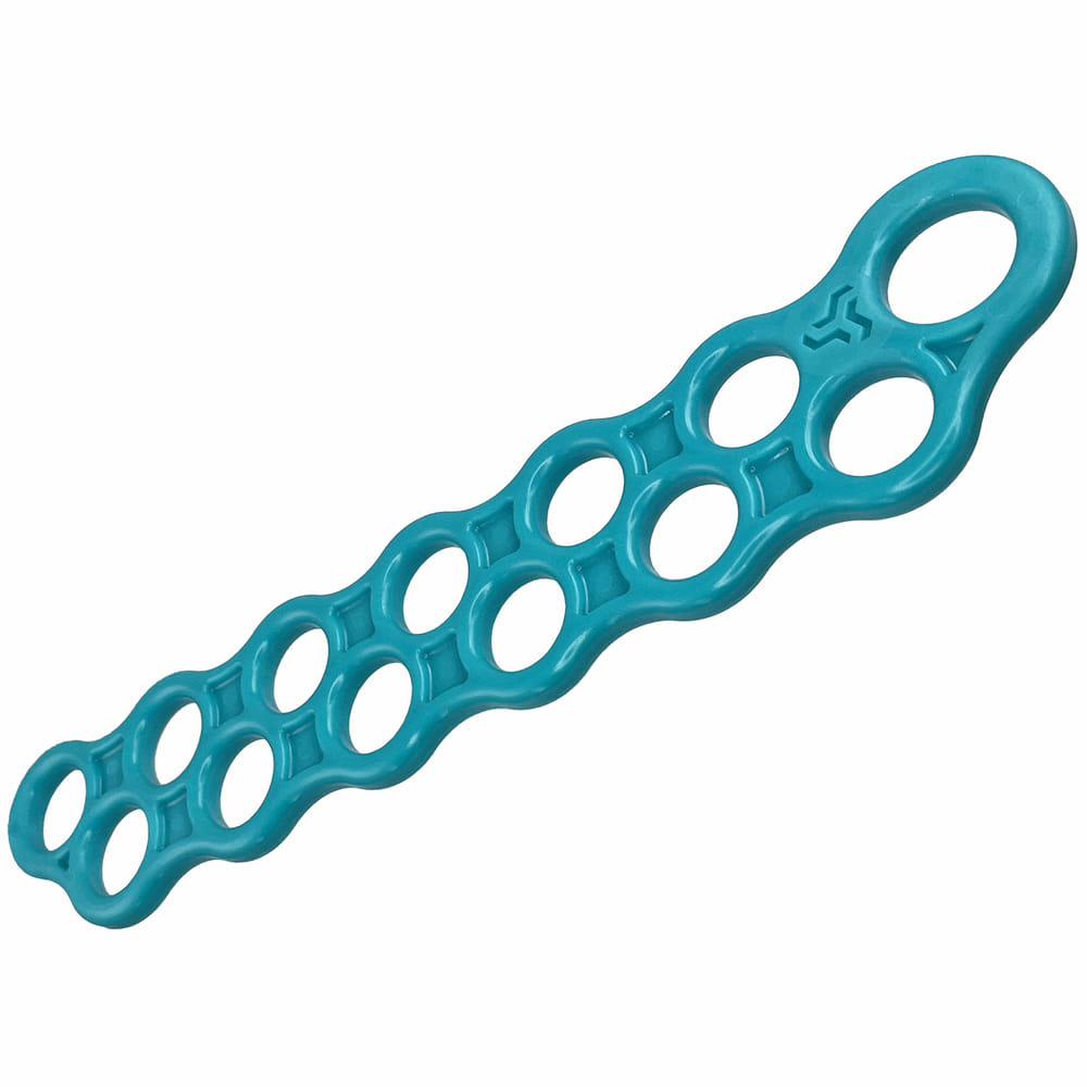 Speedrack bleu avec plusieurs ouvertures rondes et une boucle plus grande à une extrémité