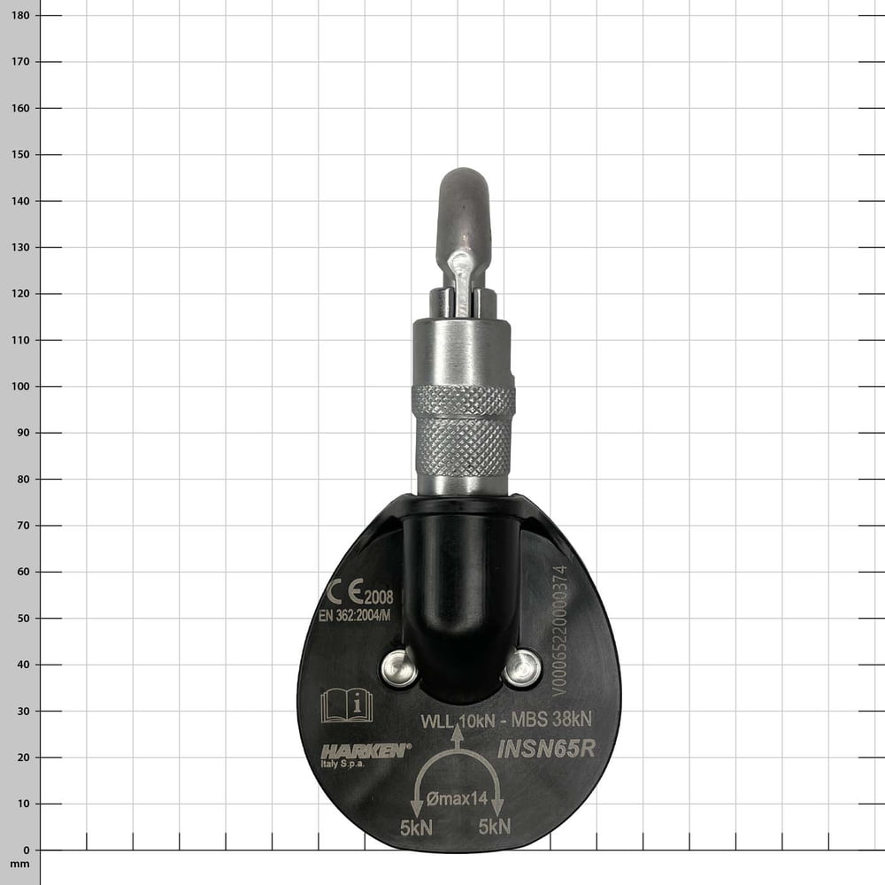 Snatchet 65 Ratchet de Harken avec boîtier en plastique noir et caractéristiques techniques, vue d’en bas