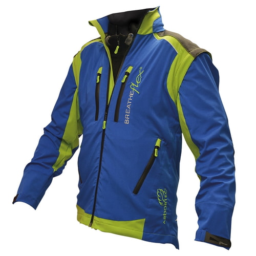 Veste Breatheflex Pro en bleu avec des accents verts et gris, poches zippées apparentes sur le devant et col montant