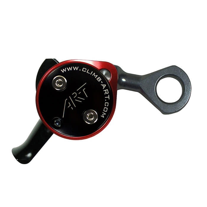 Positionneur 2 Basic de Climb Art, pièce métallique noire et rouge avec deux vis et un trou rond à l’extrémité