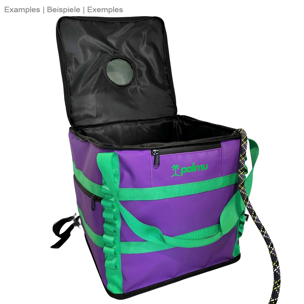 Sac Palmu 32 en violet avec poignées vertes et couvercle ouvert, fabricant Palmu visible