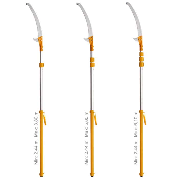 Trois scies à arbre Hayate 380 avec tiges télescopiques de différentes longueurs, toutes avec lame de scie incurvée et manche orange, chacune avec des dimensions de longueur de 2,44 m à 3,80 m, 5,00 m et 6,10 m