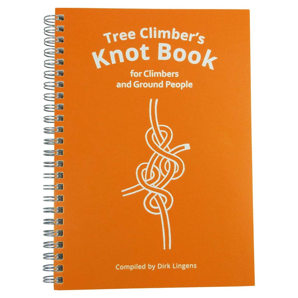 Carnet à spirale orange avec texte blanc « Tree Climber’s Knot Book for Climbers and Ground People » et un dessin de nœud blanc, écrit par Dirk Lingens, nom du produit Tree Climber’s Knotbook