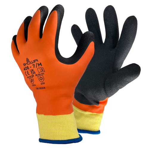 Showa 406 Gants de travail en orange et noir avec revers jaune, visible à l’avant et à l’arrière