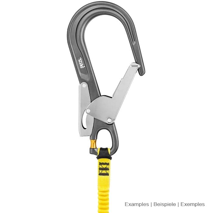 mousqueton MGO Open 60 de Petzl en noir avec fermoir de sécurité argenté et fermoir torsadé jaune, attaché à un ruban jaune, sur fond blanc