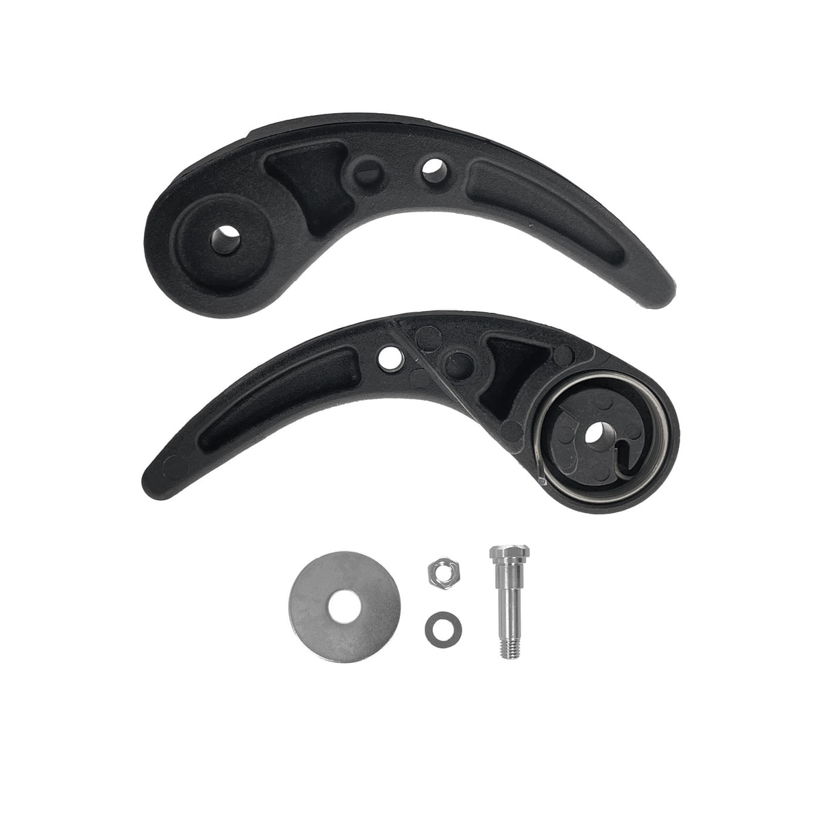 Levier de déverrouillage LOV, deux leviers en plastique incurvés noirs et quatre pièces métalliques, dont une rondelle, un écrou, une petite rondelle et une vis