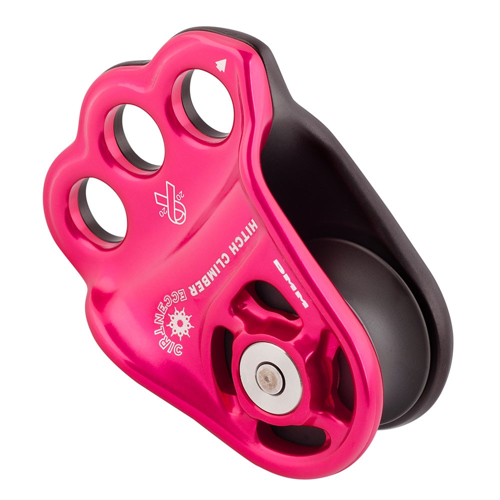 Attelage Climber Excentrique, poulie rose avec trois œillets ronds, roue noire et vue latérale