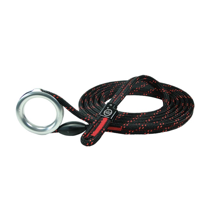 Corde de rechange RopeGuide 2010 en noir avec des points rouges, avec un œillet en métal argenté à l’extrémité et une partie en plastique noir à l’extrémité de la corde