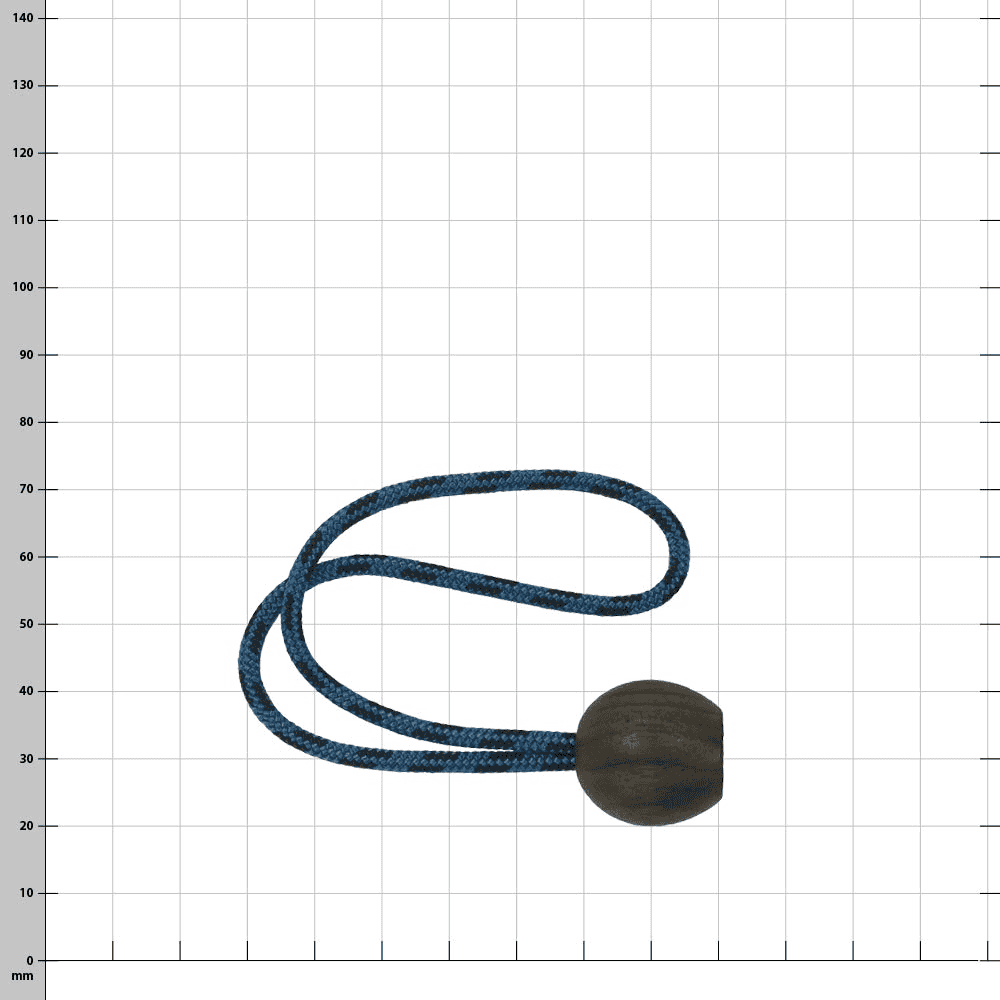 Walnut 22, une boule en bois brun foncé avec une corde bleue et noire