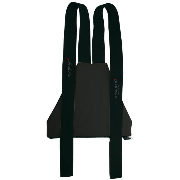 Salopette zippée gris foncé avec bretelles noires, nom du fabricant sur les bretelles en blanc et rouge
