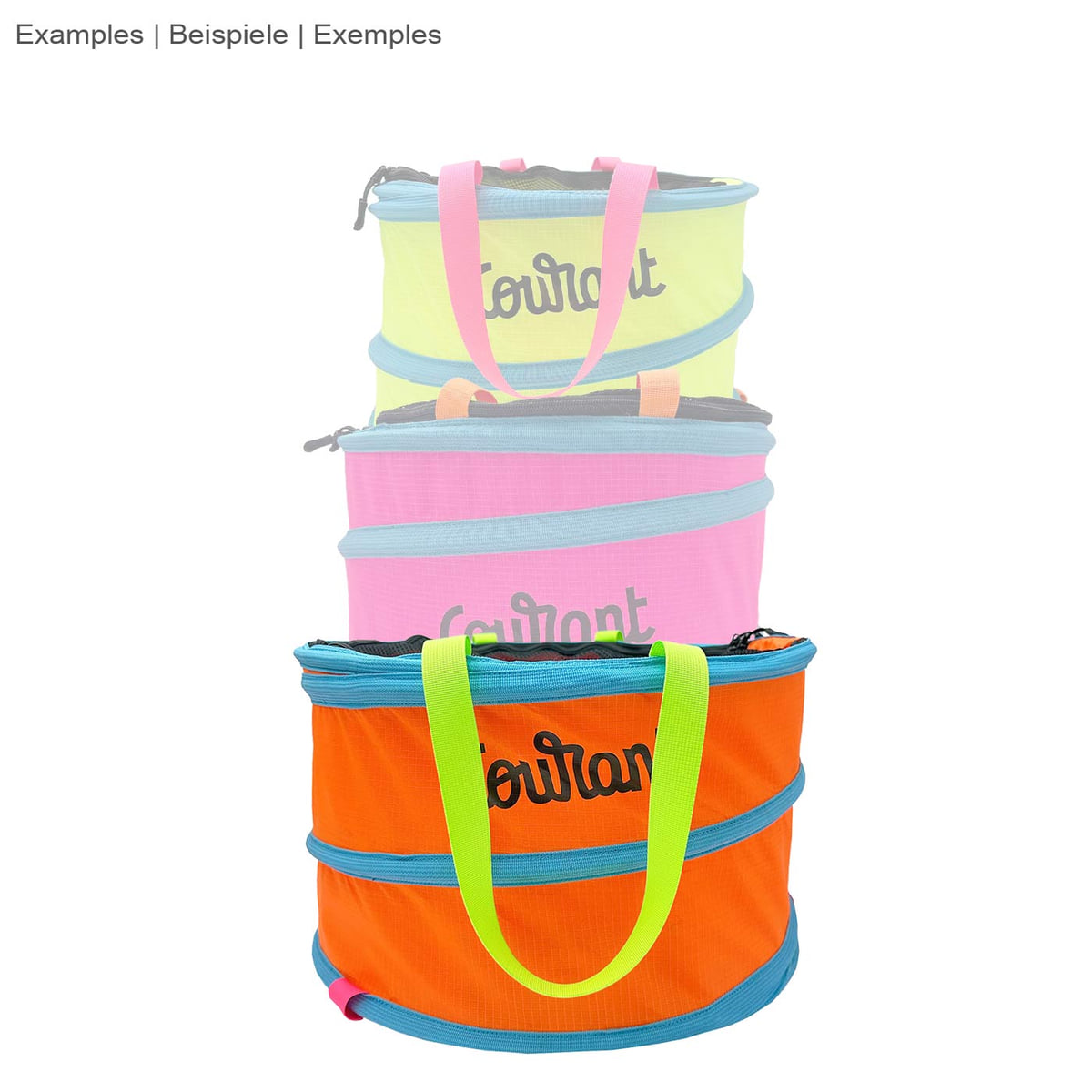 Trois sacs Pelican L jaunes, roses et oranges empilés avec des bords bleus et des poignées de couleurs différentes
