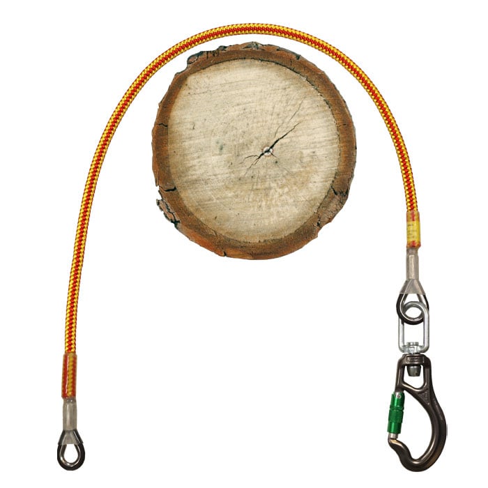 Corde Flex Fly Sidewinder avec mousqueton, jaune-rouge, reliée à un morceau de disque de tronc d’arbre