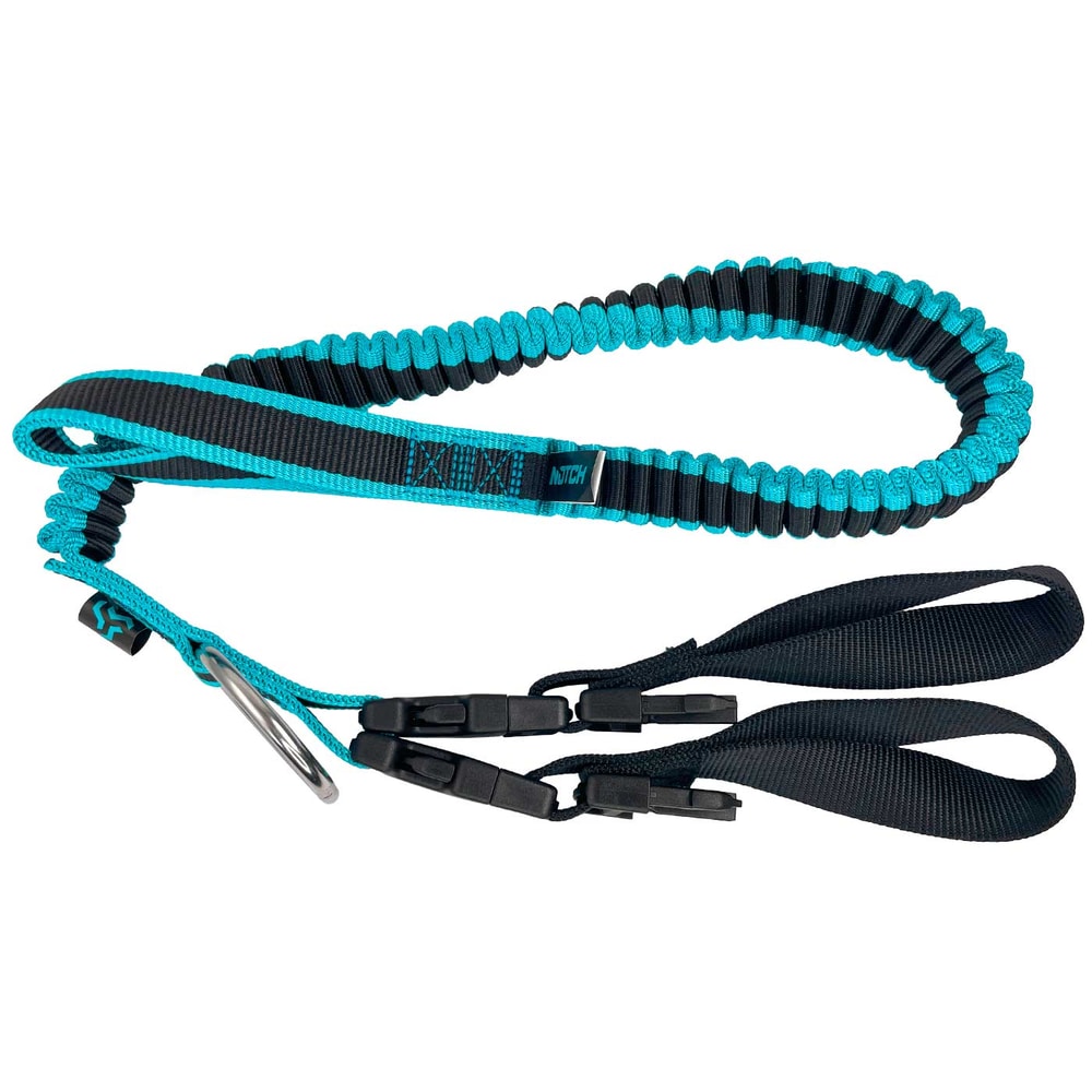 Longe de tronçonneuse modulaire en noir et turquoise avec élastique, deux boucles noires et anneau en métal