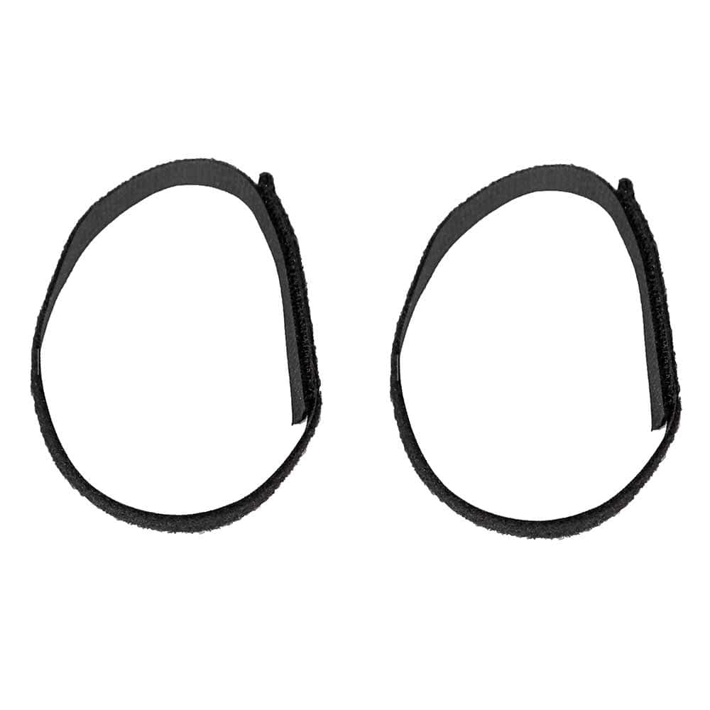 Deux bandes velcro noires, chacune en forme de boucle, sans autres marques ou étiquettes