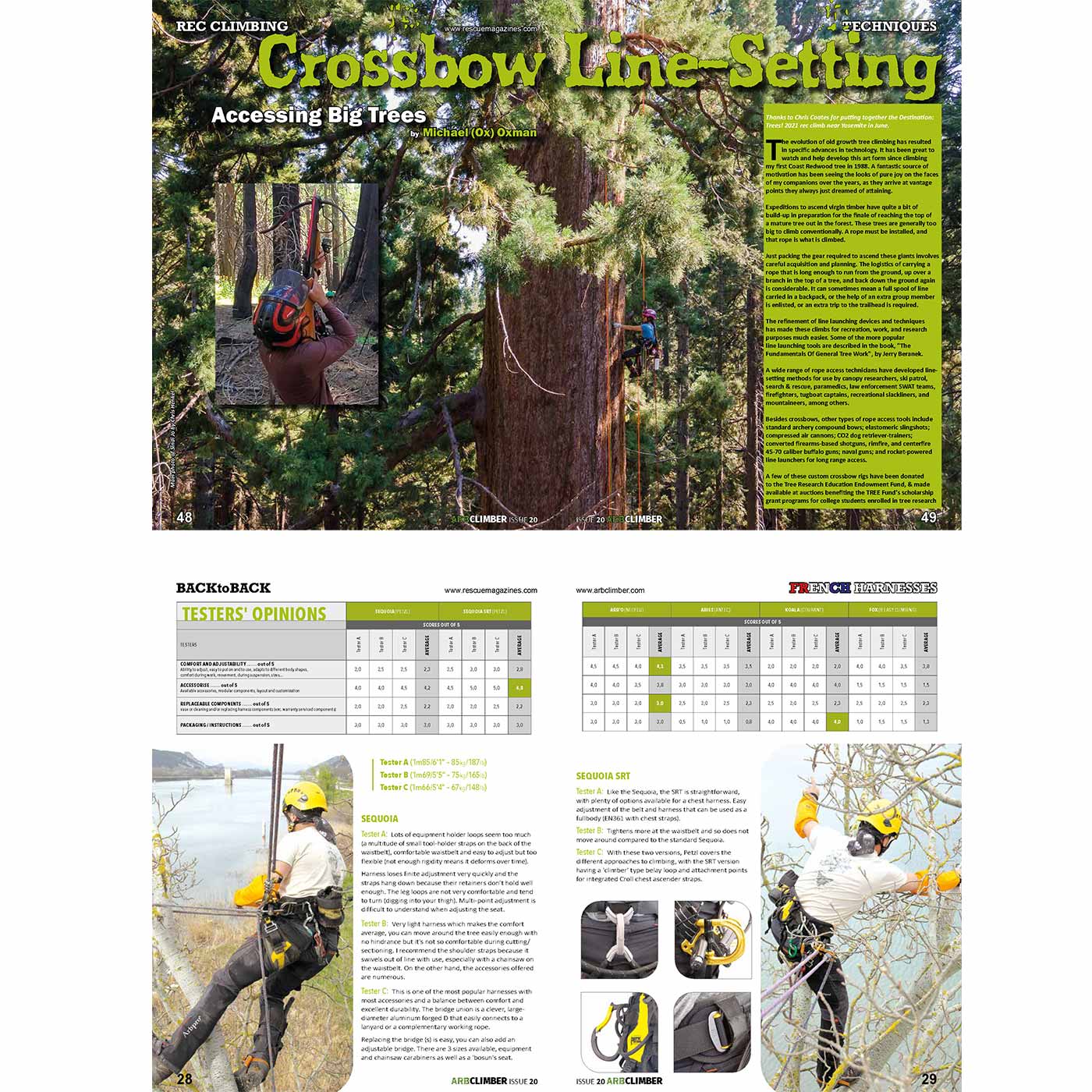 Deux pages de l’Arb Climber n° 20 avec du texte, des tableaux et des images de grimpeurs dans les arbres, y compris des gros plans de l’équipement d’escalade et des personnes avec des casques et des harnais grimpant aux arbres