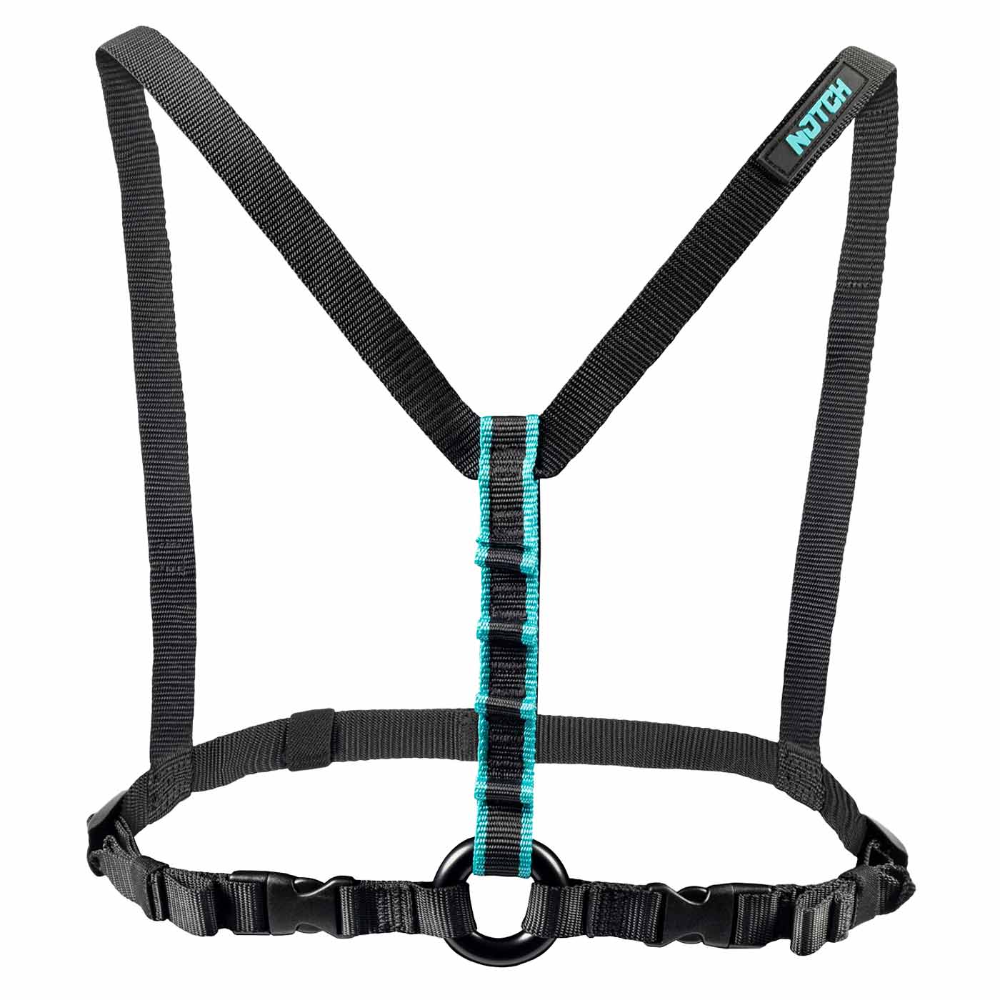 Sangle de poitrine Chester SRS noire avec surpiqûres turquoise et anneau noir au milieu