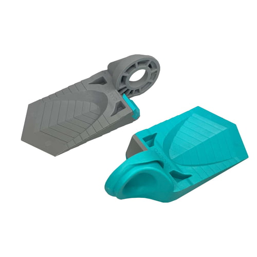 Double cale en turquoise et gris, deux parties du produit l’une à côté de l’autre avec ouverture de poignée visible et nom du fabricant « dreevo »