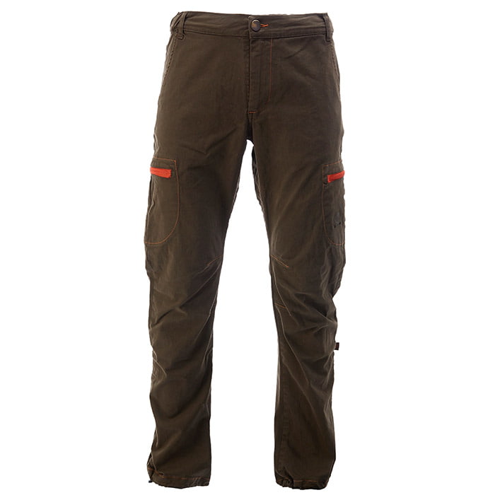 Pantalon cargo Heavy en vert foncé avec des accents orange sur les poches latérales, coupe droite et fermeture à boutons