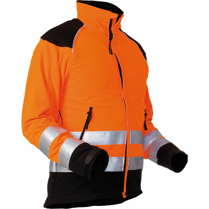 Veste anti-coupure EN 20471 orange vif avec épaules et bas de manches noirs, deux poches zippées à l’avant, bandes réfléchissantes argentées sur les manches et la ceinture, col haut et fermeture éclair frontale sur toute la longueur