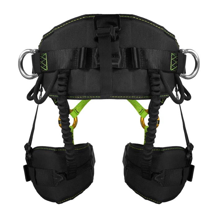 Treewor C Vue arrière du harnais d’escalade noir et vert avec anneaux métalliques et élastiques