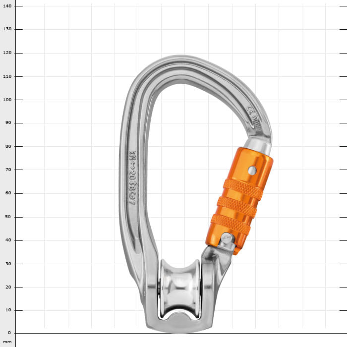 Mousqueton métallique Rollclip Z Triact-Lock avec mécanisme de verrouillage orange et roue à rouleaux intégrée