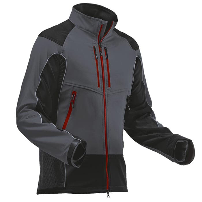 Blouson d’arboriculture gris et noir avec fermetures éclair rouges, vue de face avec col montant