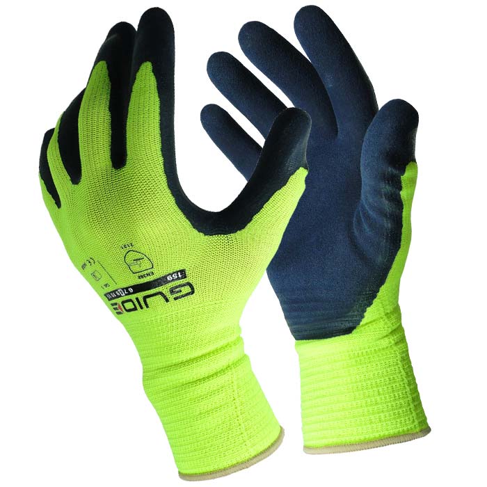 159 Guide Gants de travail haute visibilité en jaune fluo avec revêtement noir sur les doigts et les paumes, la paire droite montre la paume, la paire gauche le dos de la main avec les informations du fabricant Guide et numéro de modèle 159