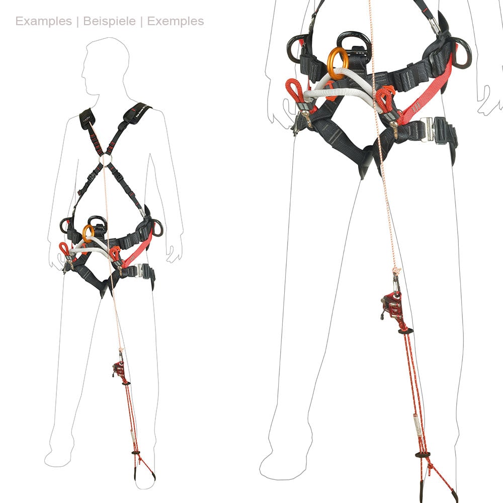 Silhouettes de deux personnes portant un harnais noir et rouge avec le système turboknee attaché avec une corde rouge et un dispositif métallique