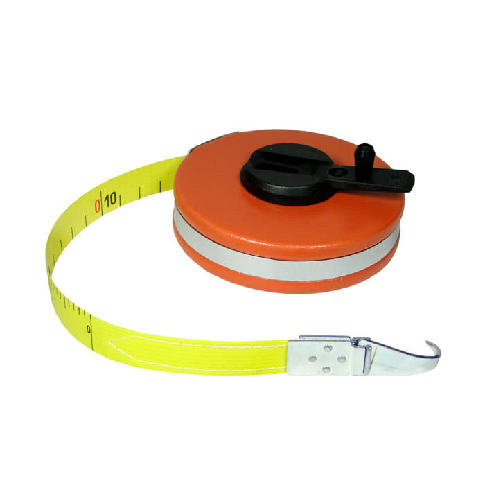 Ruban à mesurer en fibre de verre avec boîtier orange, bobine noire et ruban à mesurer jaune avec crochet en métal